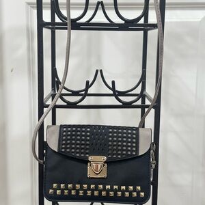 Excellent Studded Urban Energy Black and Gray Gold Hardware Clutch Crossbody Bag